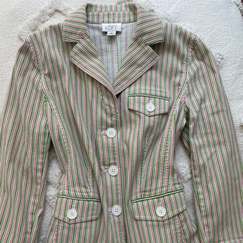 Ann Taylor Loft Striped Short Button Spring Jacket Blazer Pink Green Women’s Sm